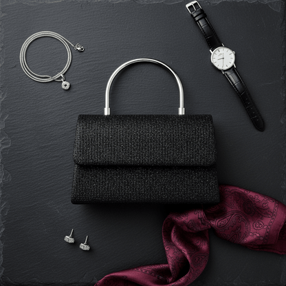 Elegantna Crna Glitter Torbica sa Metalnom Ručkom – Torbice – Crna – slika 6