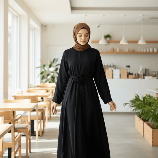 Elegantna Crna Haljina od Medinske Svile sa Detaljem Ruže – Ženska odjeća – Univerzalna Crna – slika 1