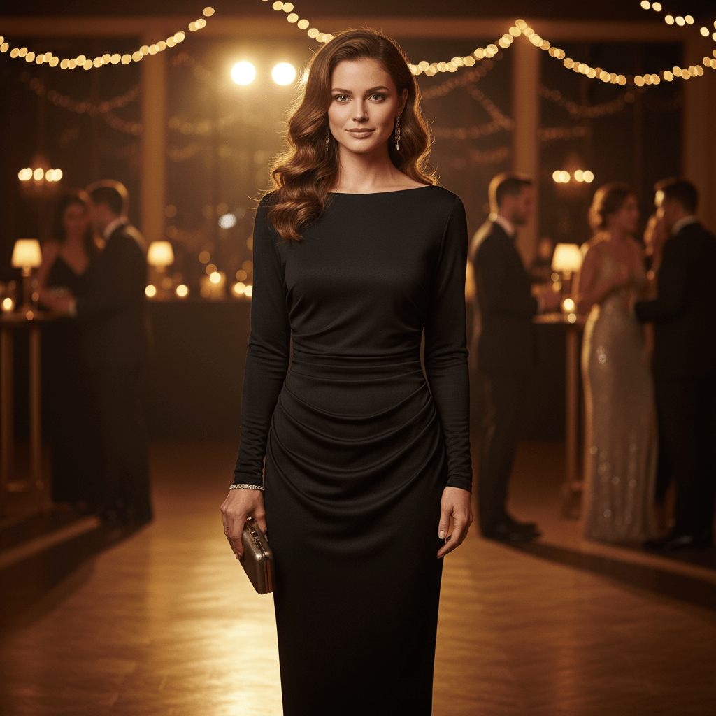 Elegantna Crna Midi Haljina s Dugim Rukavima – Ženska odjeća – Univerzalna Crna – slika 9