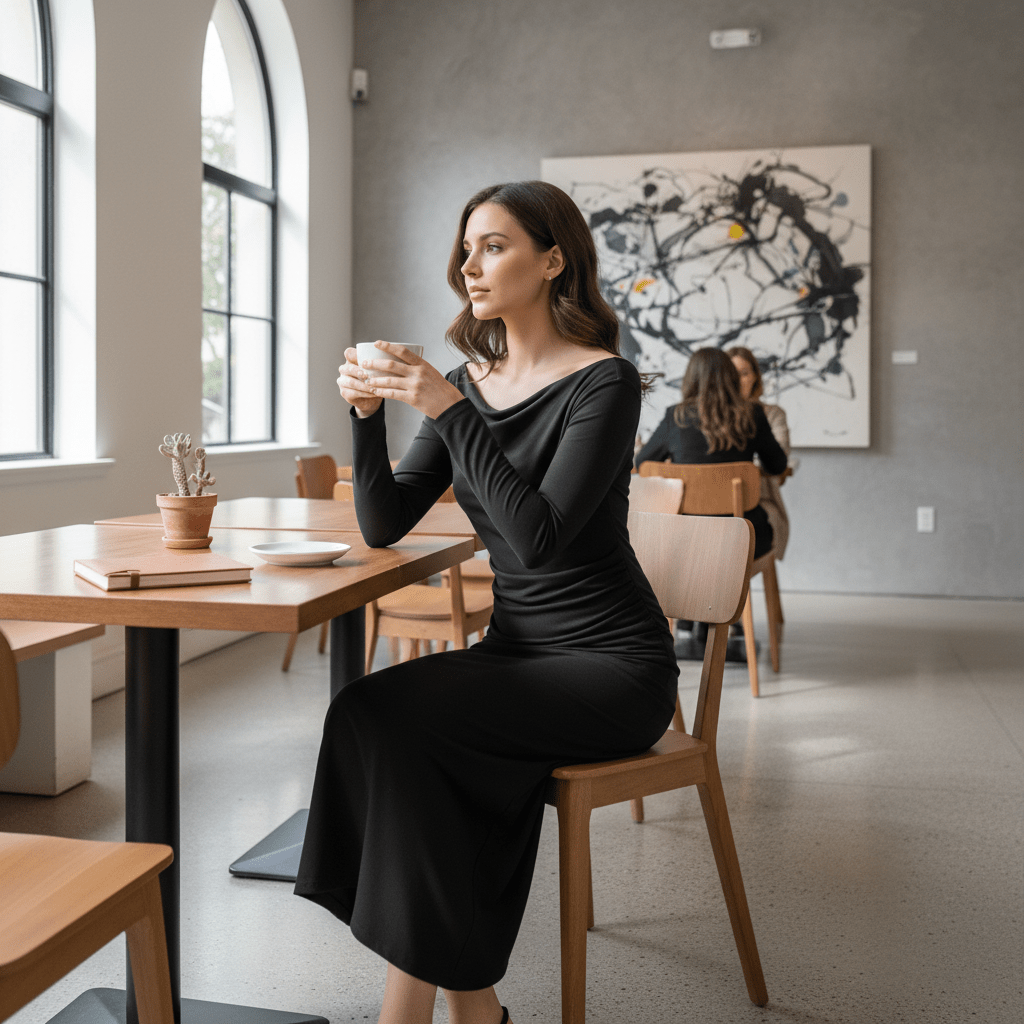 Elegantna Crna Midi Haljina s Dugim Rukavima – Ženska odjeća – Univerzalna Crna – slika 10