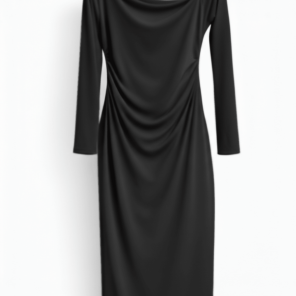 Elegantna Crna Midi Haljina s Dugim Rukavima – Ženska odjeća – Univerzalna Crna – slika 6