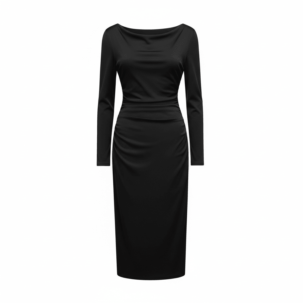 Elegantna Crna Midi Haljina s Dugim Rukavima – Ženska odjeća – Univerzalna Crna – slika 7