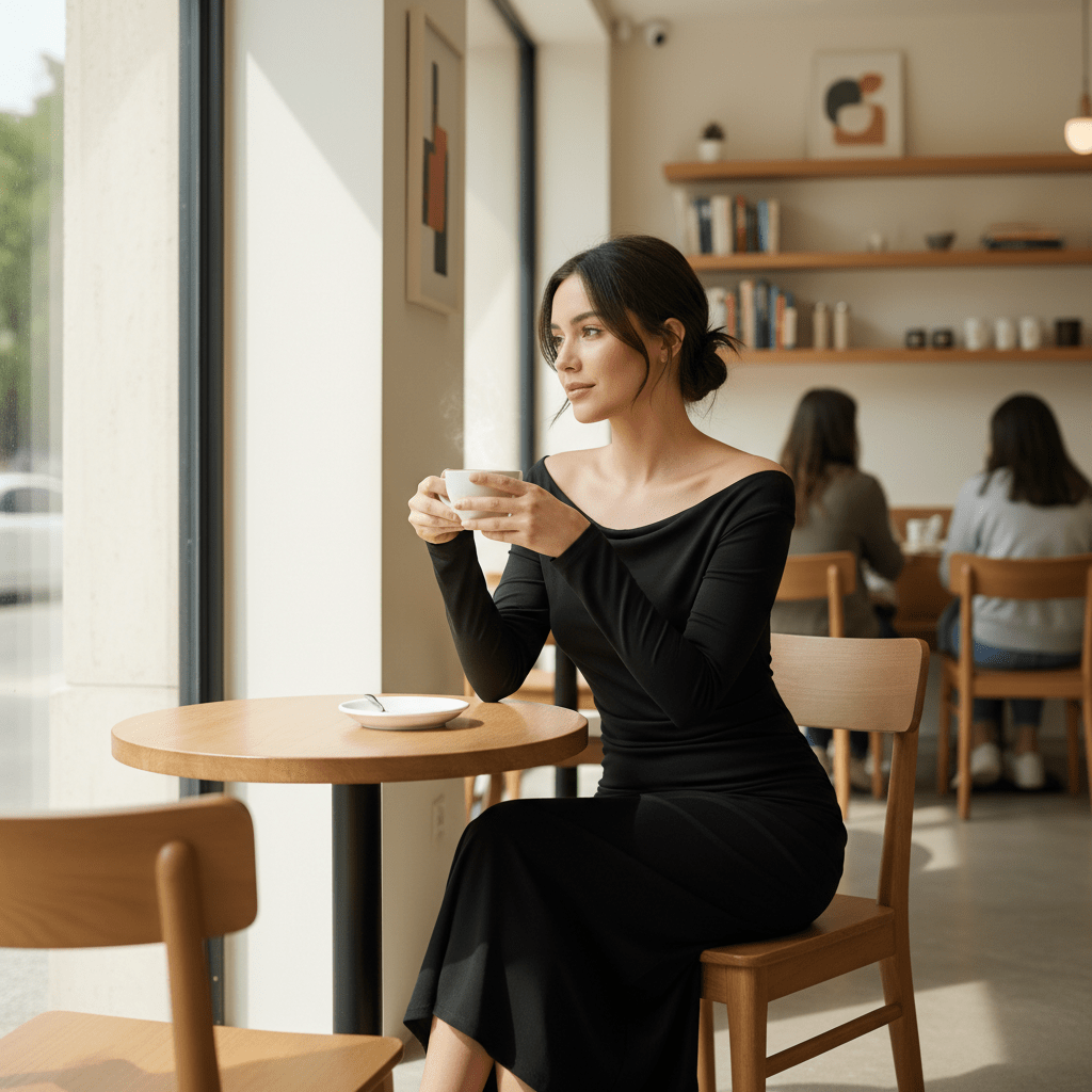 Elegantna Crna Midi Haljina s Dugim Rukavima – Ženska odjeća – Univerzalna Crna – slika 3