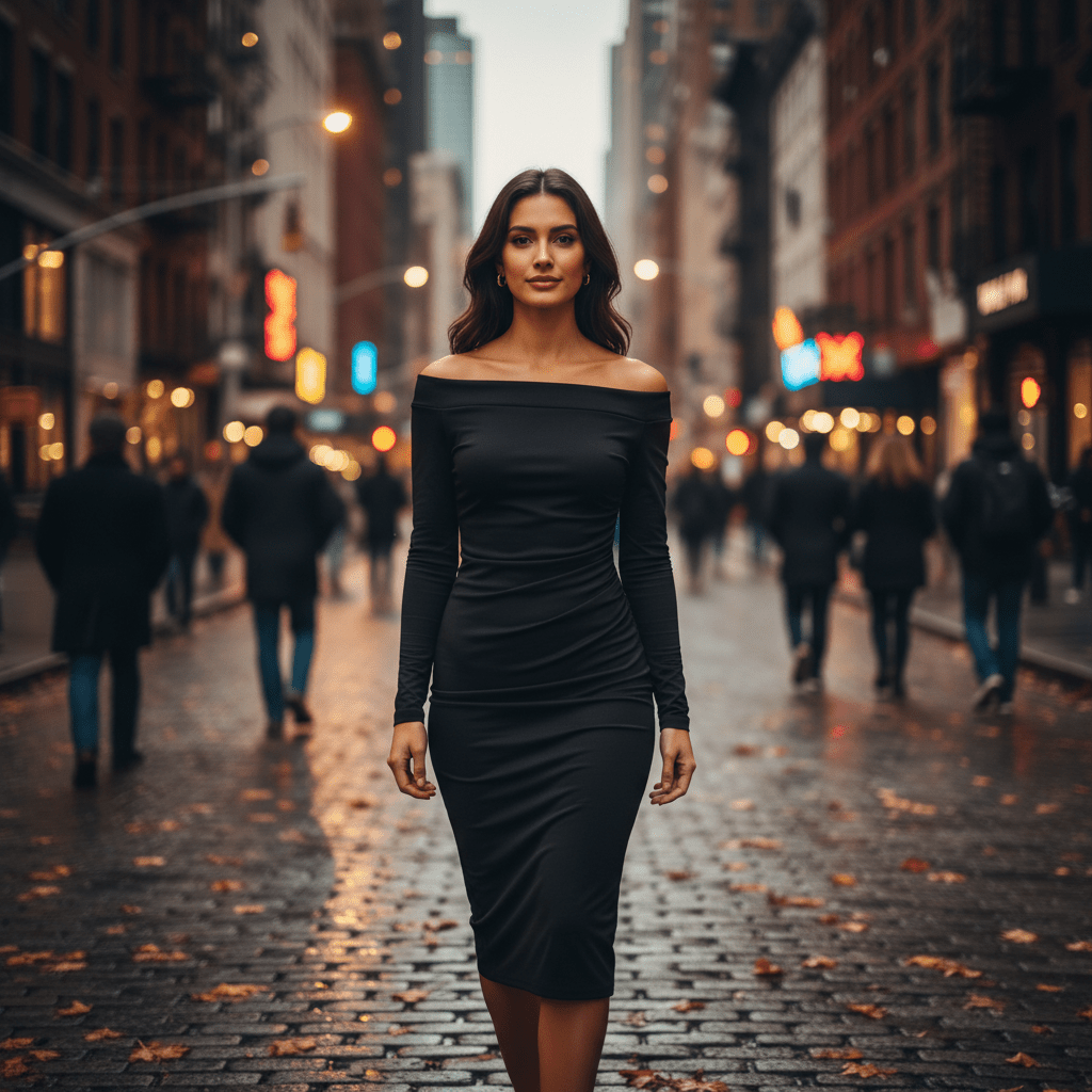 Elegantna Crna Midi Haljina s Dugim Rukavima – Ženska odjeća – Univerzalna Crna – slika 11