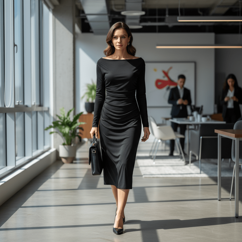 Elegantna Crna Midi Haljina s Dugim Rukavima – Ženska odjeća – Univerzalna Crna – slika 8