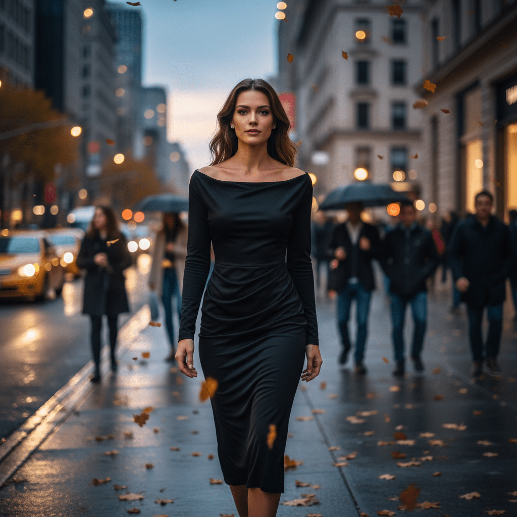 Elegantna Crna Midi Haljina s Dugim Rukavima – Ženska odjeća – Univerzalna Crna – slika 4