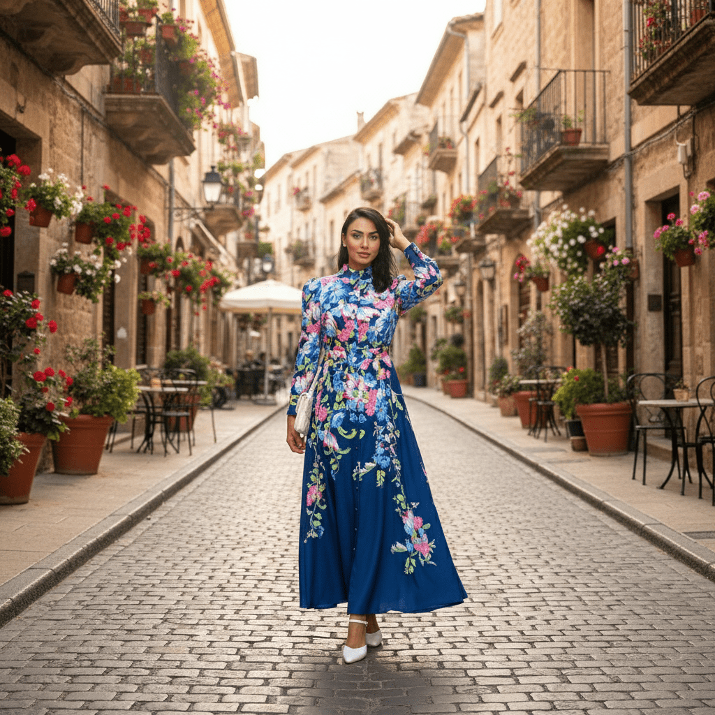 Elegantna Duga Haljina sa Cvjetnim Printom – Ženske Haljine – Floral Blue S – slika 1
