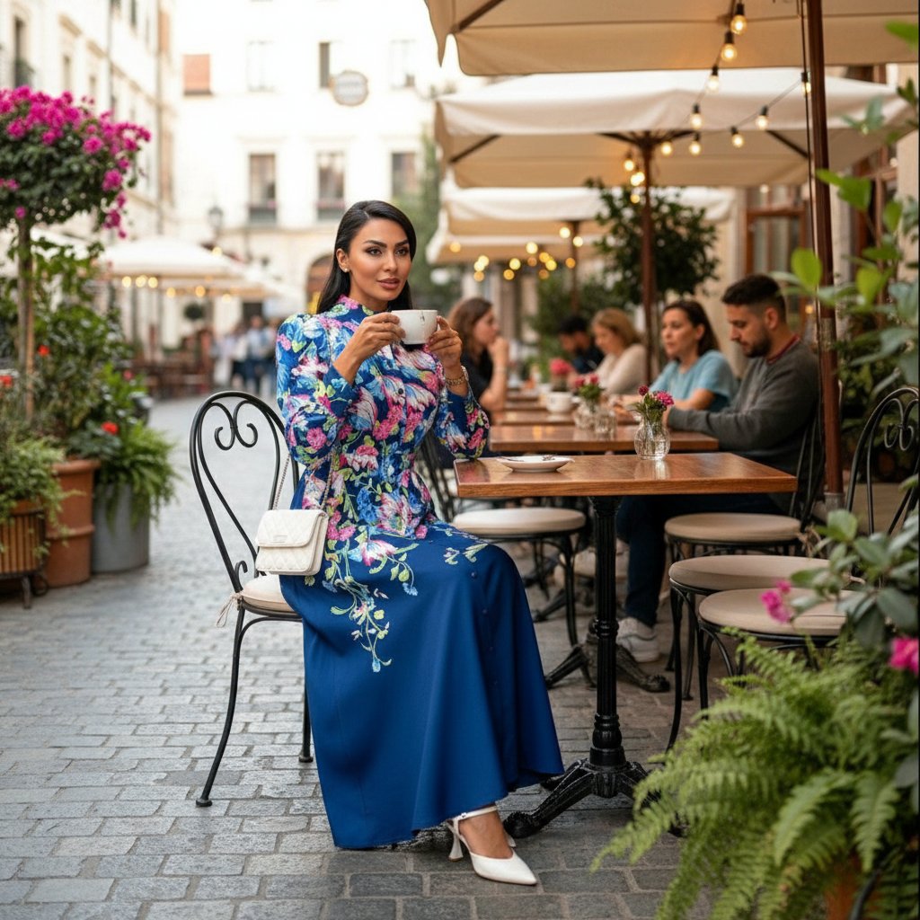 Elegantna Duga Haljina sa Cvjetnim Printom – Ženske Haljine – Floral Blue S – slika 3