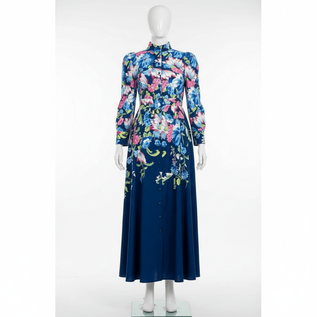 Elegantna Duga Haljina sa Cvjetnim Printom – Ženske Haljine – Floral Blue S – slika 6