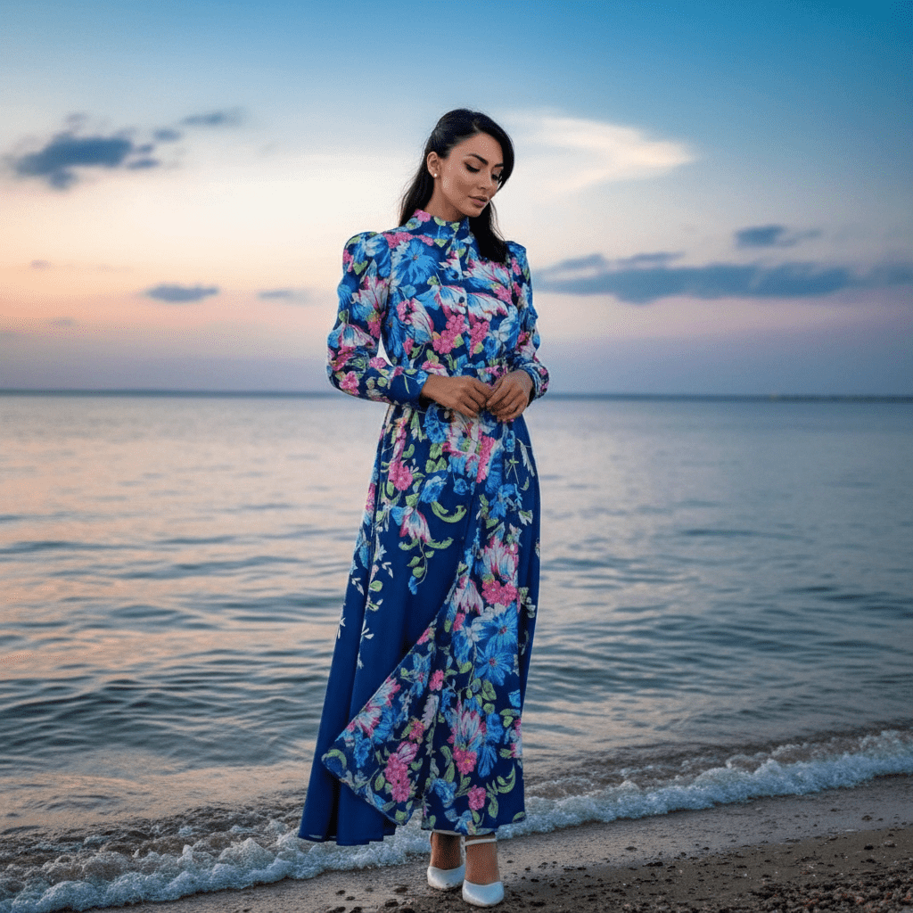 Elegantna Duga Haljina sa Cvjetnim Printom – Ženske Haljine – Floral Blue S – slika 4