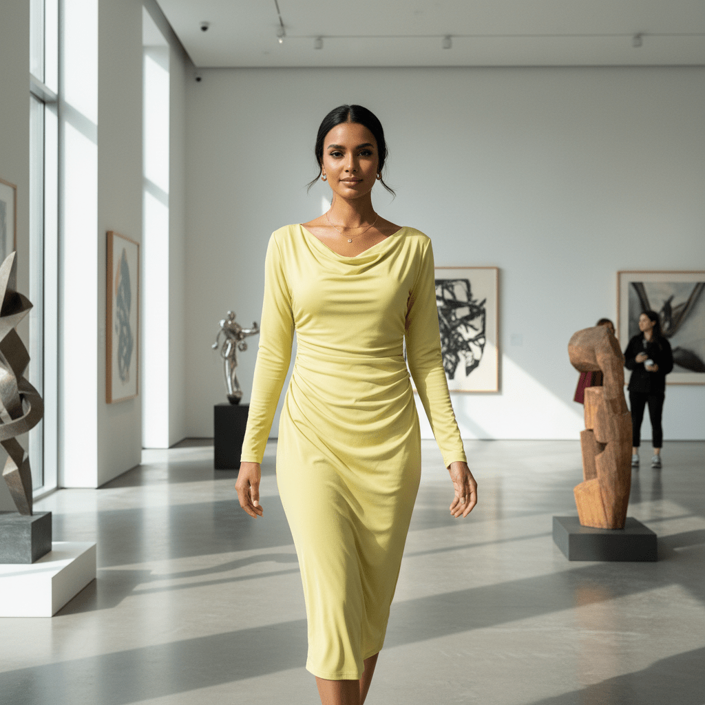 Elegantna Limun Žuta Midi Haljina sa Drapiranjem – Haljine – Univerzalna – slika 2