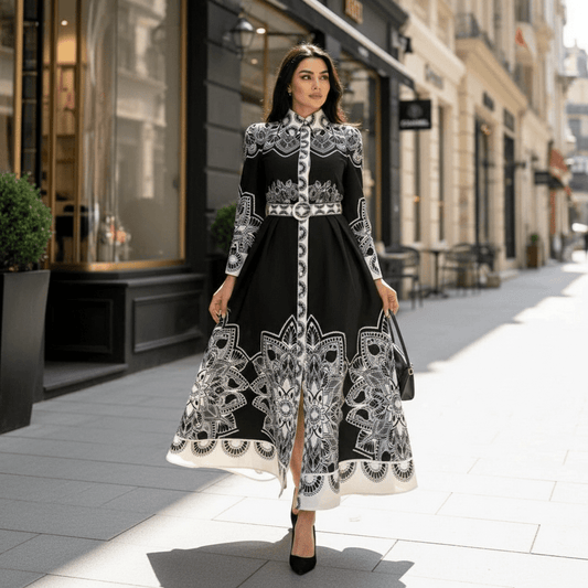 Elegantna Maxi Haljina s Mandala Uzorkom i Pojasom – Haljine – S Crno - Bijela – slika 1