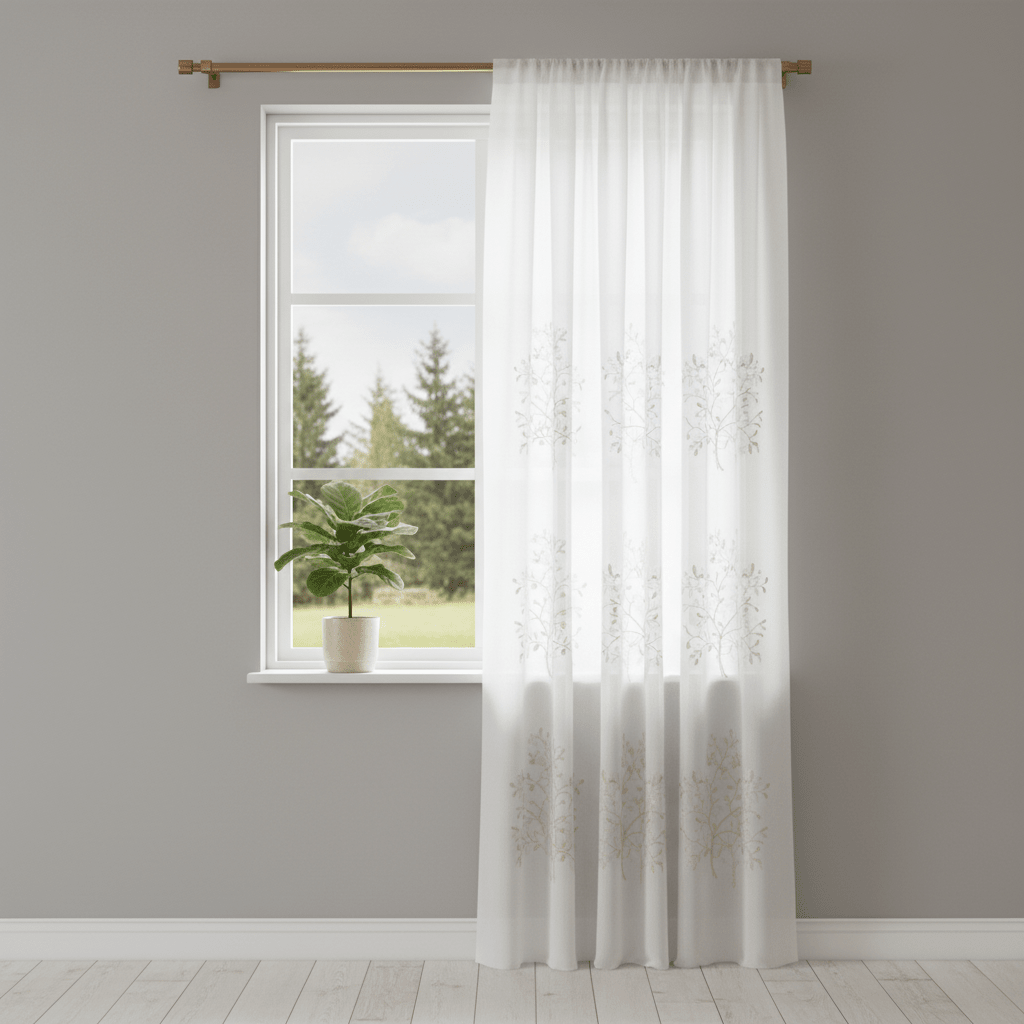 Elegantna Prozirna Zavjesa s Vezom Drveta 140x240 cm – Zavjese i paravani – 140 x 240 cm Bijela – slika 3