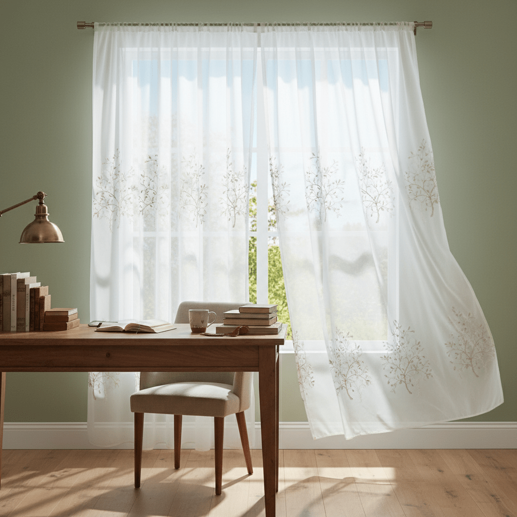 Elegantna Prozirna Zavjesa s Vezom Drveta 140x240 cm – Zavjese i paravani – 140 x 240 cm Bijela – slika 5