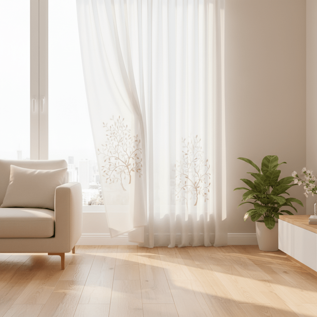 Elegantna Prozirna Zavjesa s Vezom Drveta 140x240 cm – Zavjese i paravani – 140 x 240 cm Bijela – slika 1