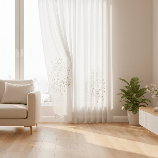 Elegantna Prozirna Zavjesa s Vezom Drveta 140x240 cm – Zavjese i paravani – 140 x 240 cm Bijela – slika 1