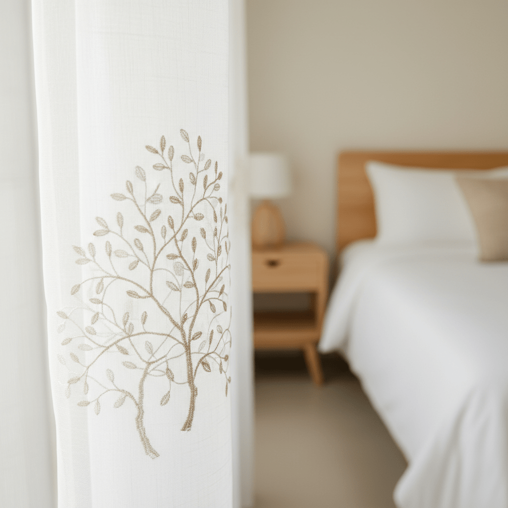 Elegantna Prozirna Zavjesa s Vezom Drveta 140x240 cm – Zavjese i paravani – 140 x 240 cm Bijela – slika 2