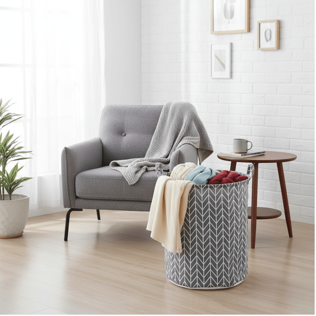 Elegantna Sklopiva Korpa za Veš – Organizacija doma – Siva ševron 40x40x50 cm – slika 4