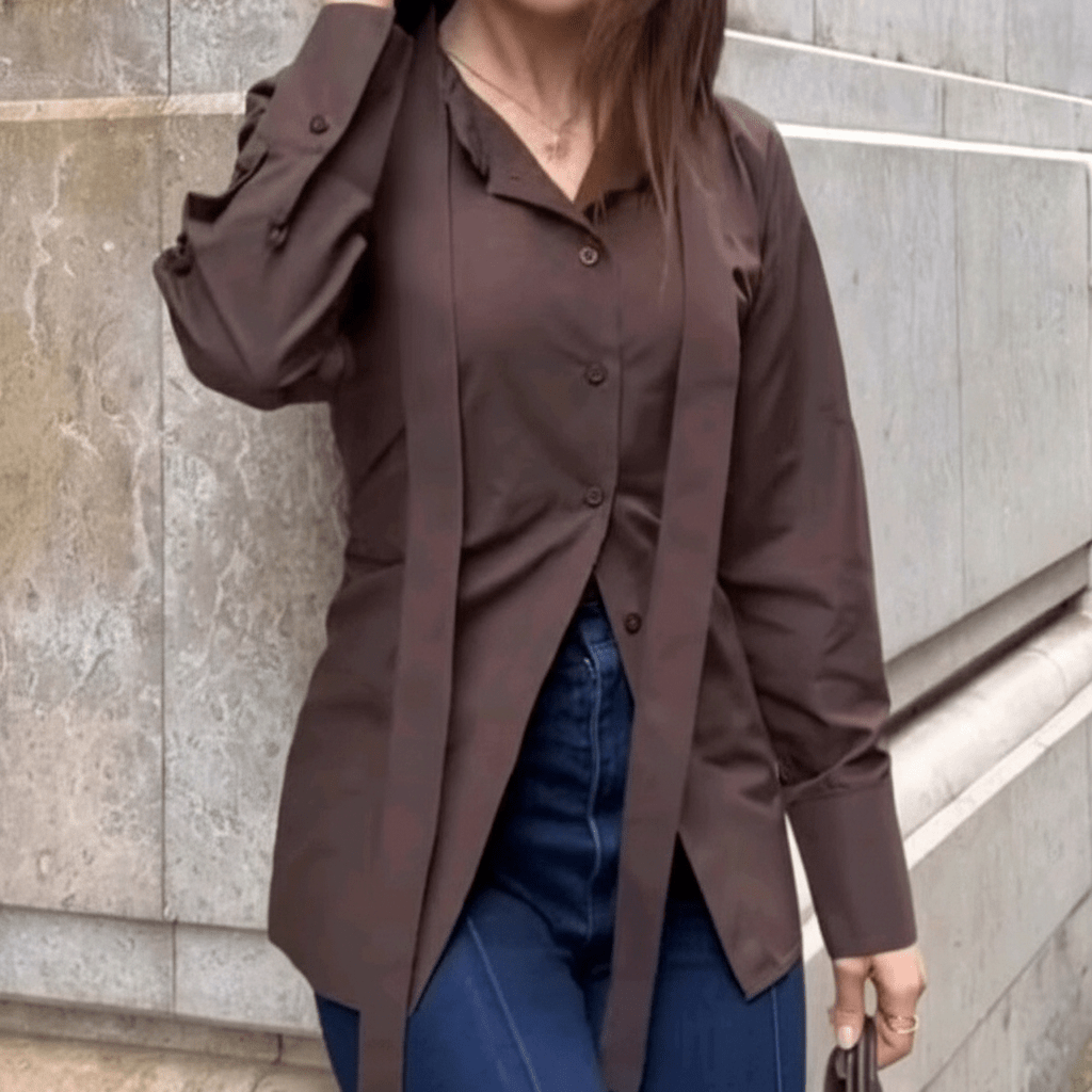 Elegantna Smeđa Košulja na Vezanje s Mašnom – Ženske košulje i bluze – S – slika 6