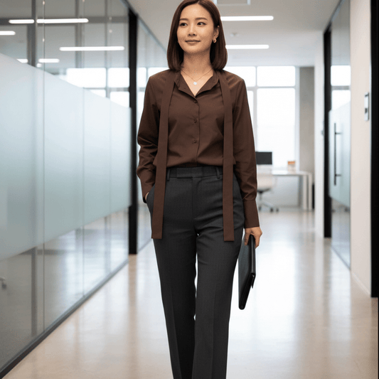 Elegantna Smeđa Košulja na Vezanje s Mašnom – Ženske košulje i bluze – S – slika 1