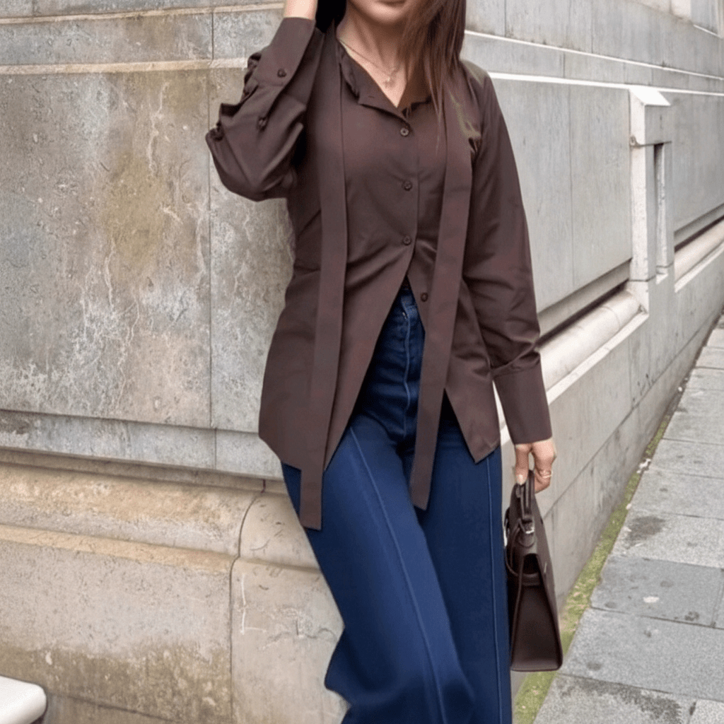 Elegantna Smeđa Košulja na Vezanje s Mašnom – Ženske košulje i bluze – S – slika 3