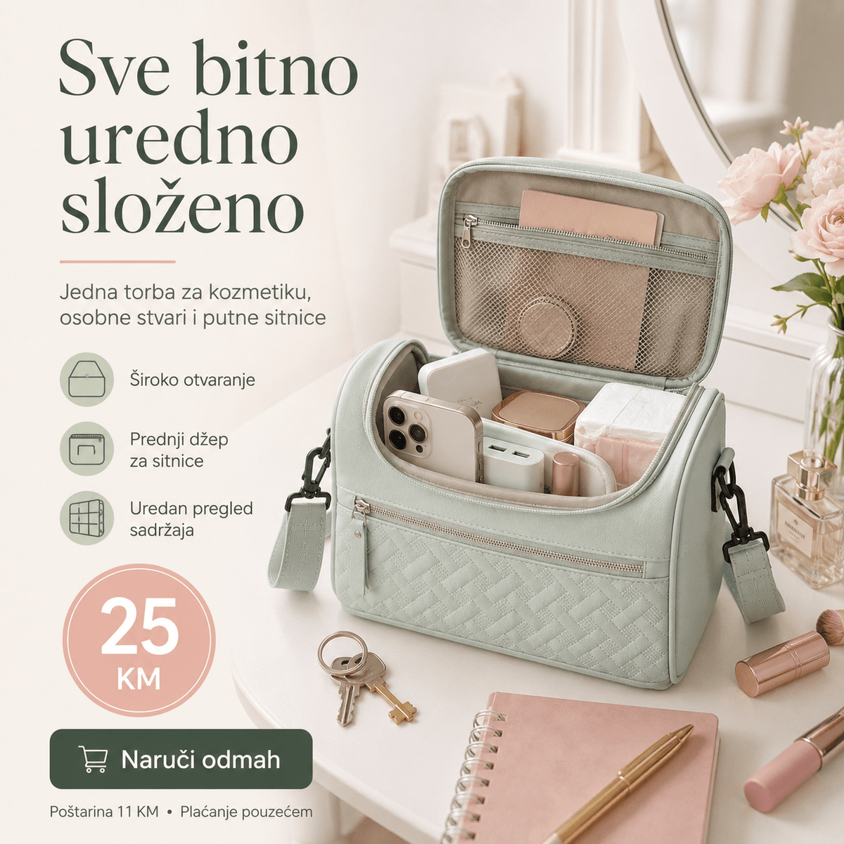 Elegantna Višenamjenska Torba 014 – Praktična Torba za Posao, Putovanje, Kozmetiku i Svakodnevne Potrepštine – Torbe i ruksaci – Mint zelena – slika 6