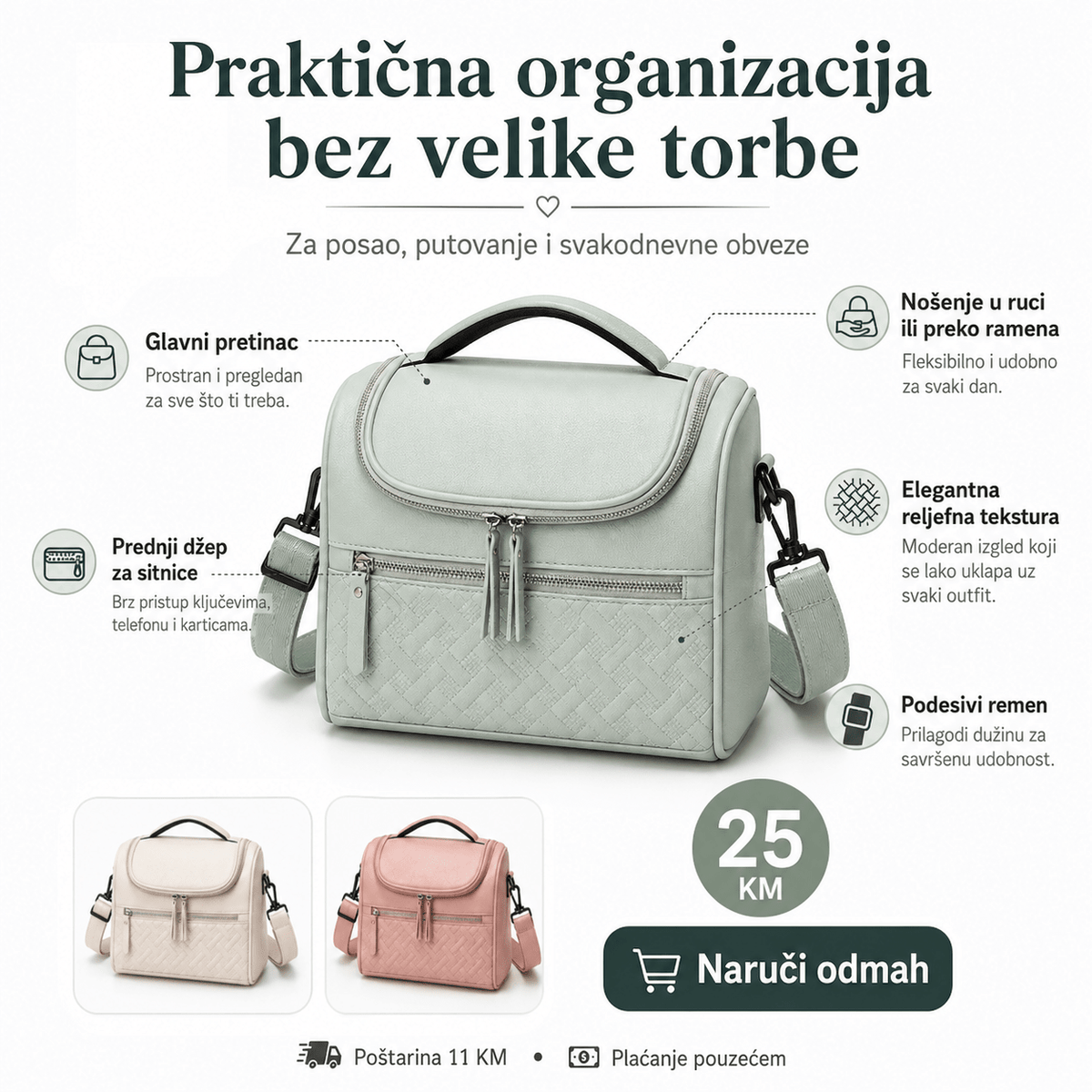Elegantna Višenamjenska Torba 014 – Praktična Torba za Posao, Putovanje, Kozmetiku i Svakodnevne Potrepštine – Torbe i ruksaci – Mint zelena – slika 3