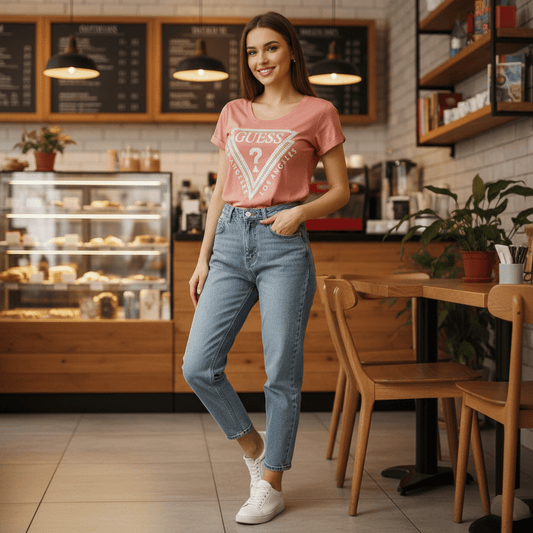 Elegantna Ženska Majica sa Sjajnim Trokutastim Logom - Breskva Boja – Ženske majice – S Breskva – slika 1