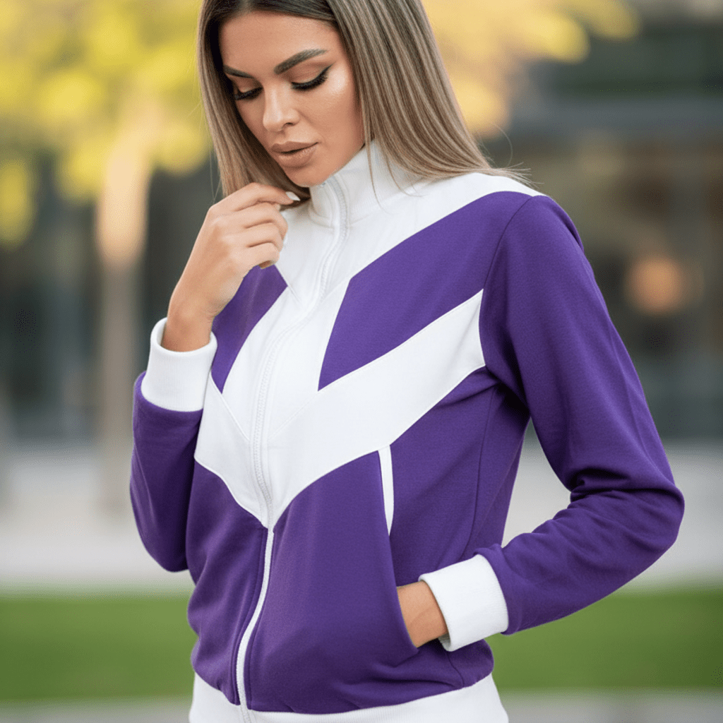 Elegantna Ženska Trenirka u Ljubičasto - Bijeloj Kombinaciji – Ženske Trenirke – S Ljubičasta – slika 4