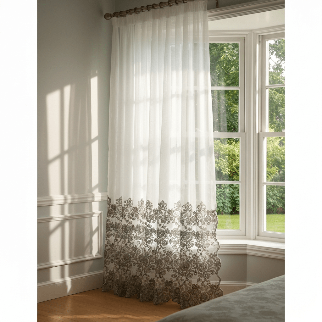 Elegantni Bijeli Paravan za Prozor sa Sivim Vezom | 140x240 cm – Zavjese i paravani – 140 x 240 cm Bijela sa sivim vezom – slika 2