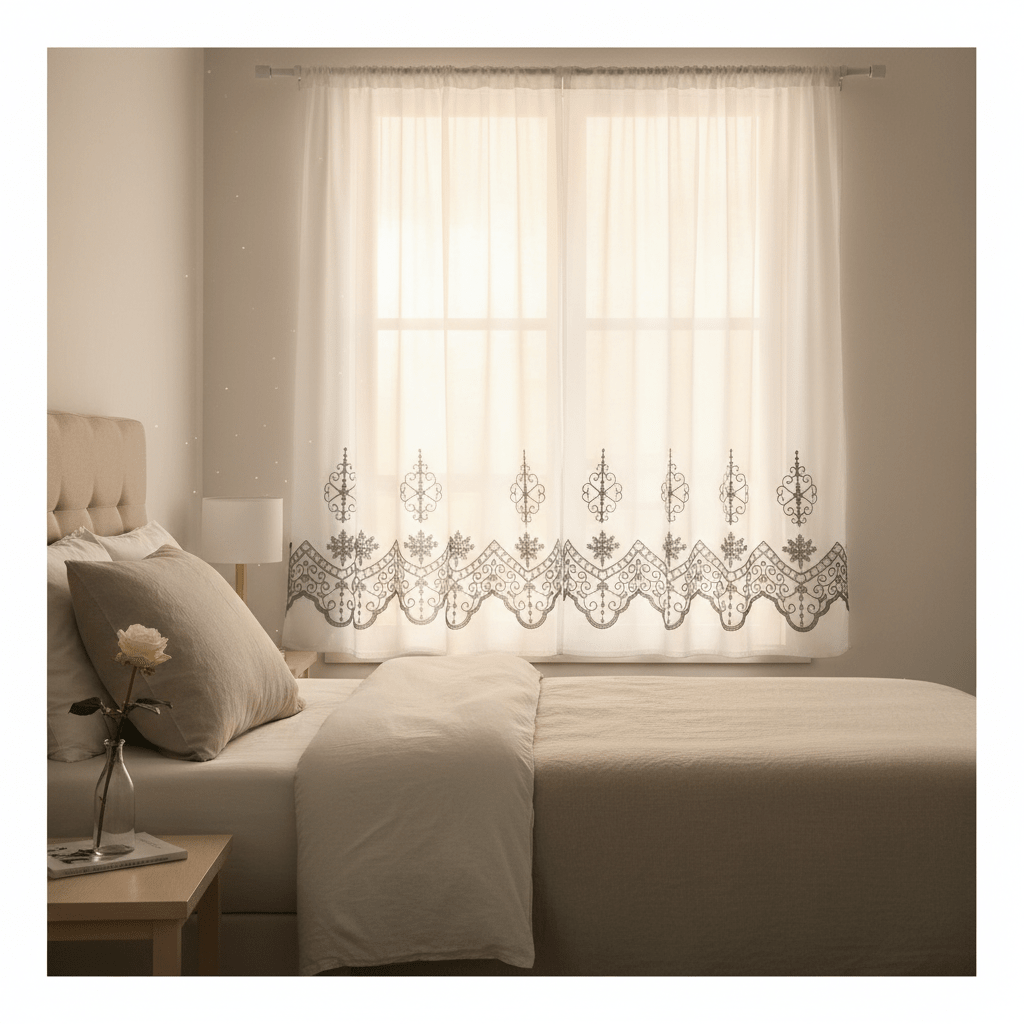 Elegantni Bijeli Paravan za Prozor sa Sivim Vezom | 140x240 cm – Zavjese i paravani – 140 x 240 cm Bijela sa sivim vezom – slika 2