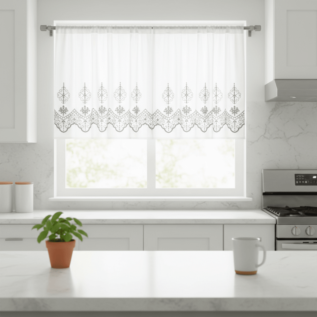 Elegantni Bijeli Paravan za Prozor sa Sivim Vezom | 140x240 cm – Zavjese i paravani – 140 x 240 cm Bijela sa sivim vezom – slika 5