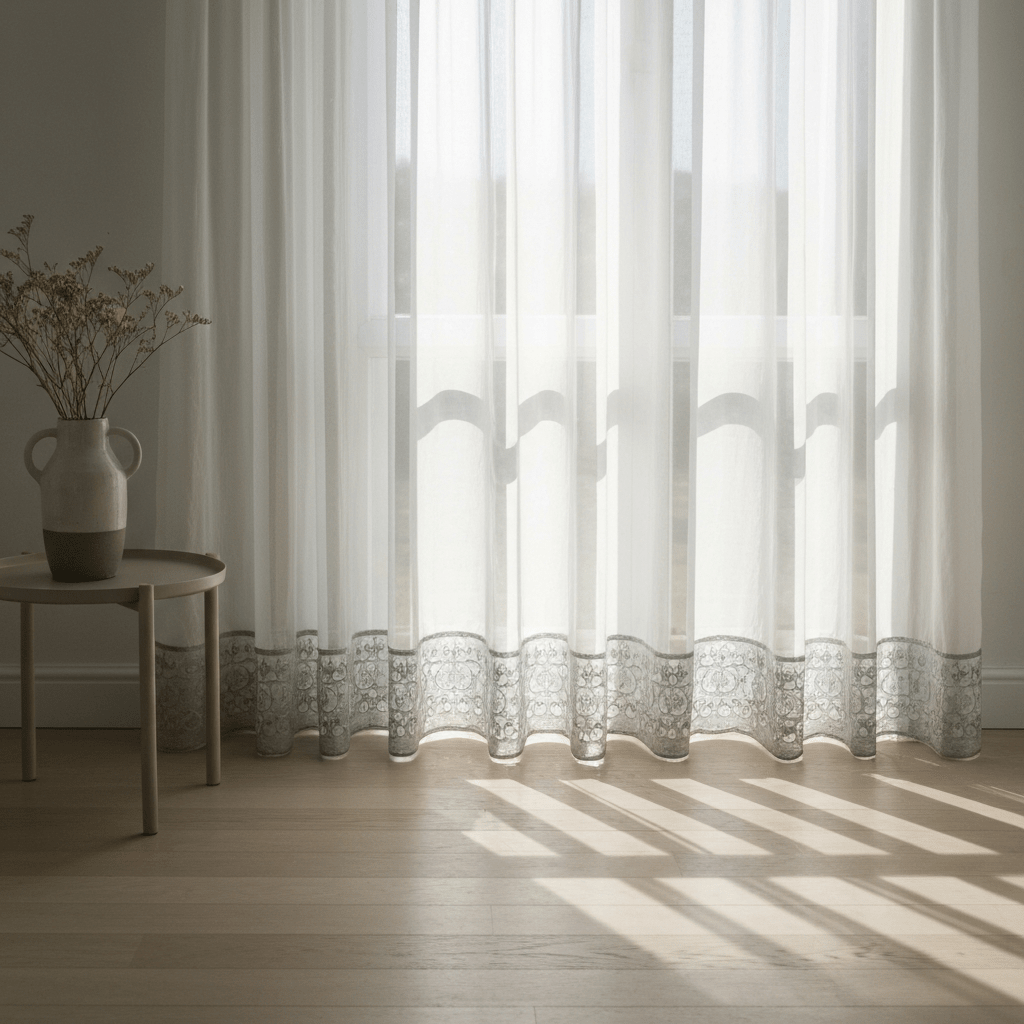 Elegantni Bijeli Paravan za Prozor sa Sivim Vezom | 140x240 cm – Zavjese i paravani – 140 x 240 cm Bijela sa sivim vezom – slika 5