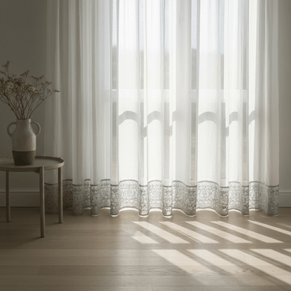 Elegantni Bijeli Paravan za Prozor sa Sivim Vezom | 140x240 cm – Zavjese i paravani – 140 x 240 cm Bijela sa sivim vezom – slika 5