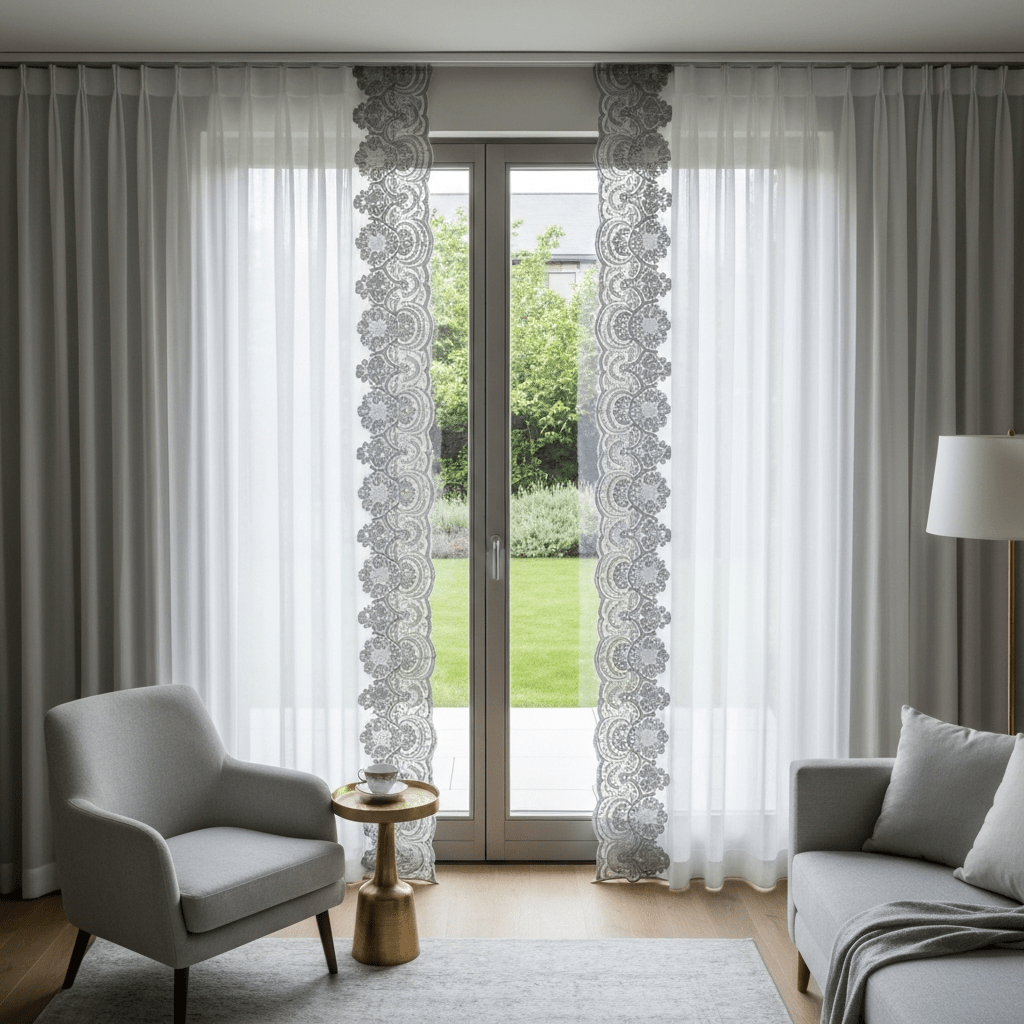 Elegantni Bijeli Paravan za Prozor sa Sivim Vezom | 140x240 cm – Zavjese i paravani – 140 x 240 cm Bijela sa sivim vezom – slika 4
