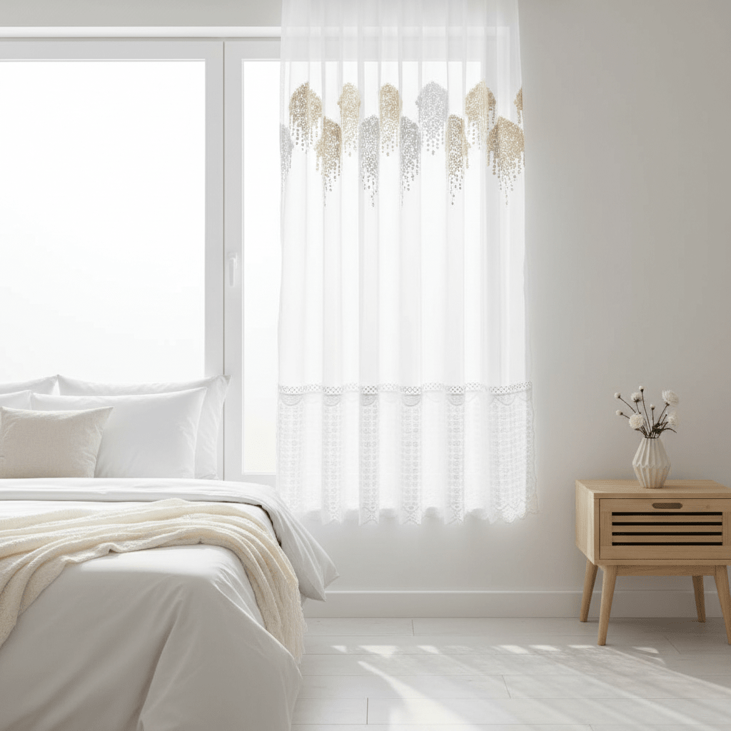 Elegantni Bijeli Paravan za Prozor sa Šljokicama i Čipkom - 140x240 cm – Zavjese i paravani – Bijela 140 x 240 cm – slika 2