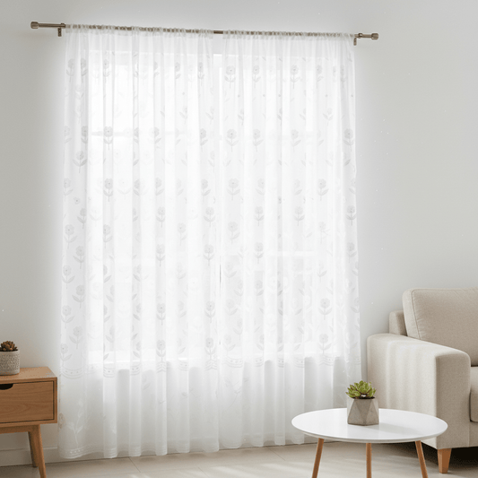 Elegantni Bijeli Paravani za Prozor s Cvjetnim Vezom 140x240 cm – Zavjese i paravani – 140 x 240 cm Bijela – slika 1