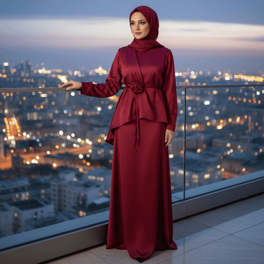 Elegantni Bordo Komplet od Medinske Svile sa Detaljem Ruže – Ženska odjeća – Univerzalna Bordo – slika 1