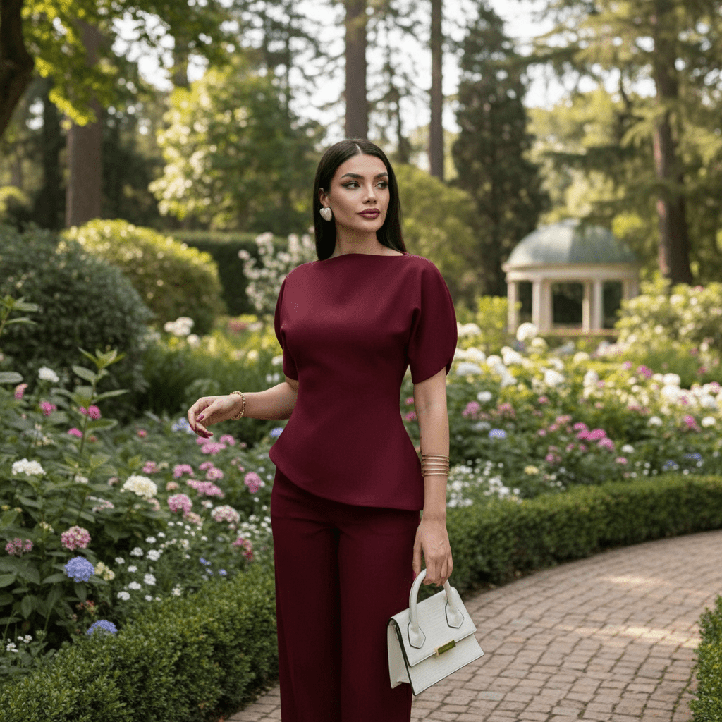 Elegantni Bordo Peplum Komplet s Hlačama – Ženska odjeća – S Bordo – slika 4