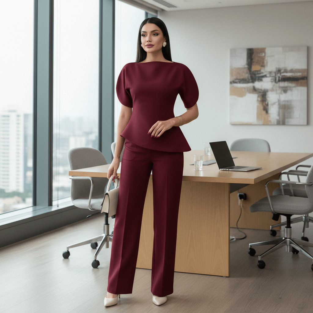 Elegantni Bordo Peplum Komplet s Hlačama – Ženska odjeća – S Bordo – slika 1
