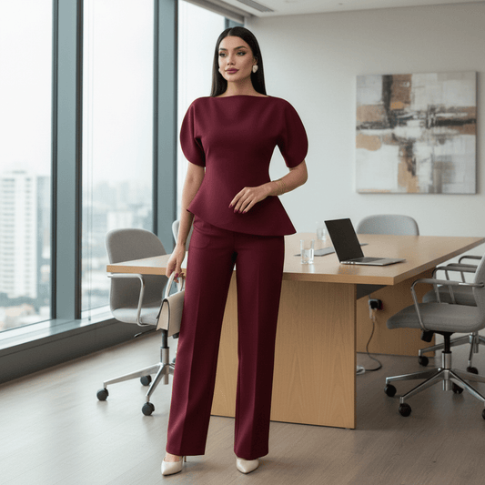 Elegantni Bordo Peplum Komplet s Hlačama – Ženska odjeća – S Bordo – slika 1