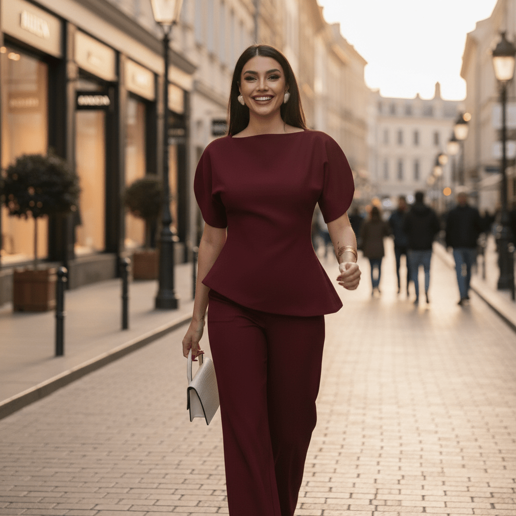 Elegantni Bordo Peplum Komplet s Hlačama – Ženska odjeća – S Bordo – slika 5