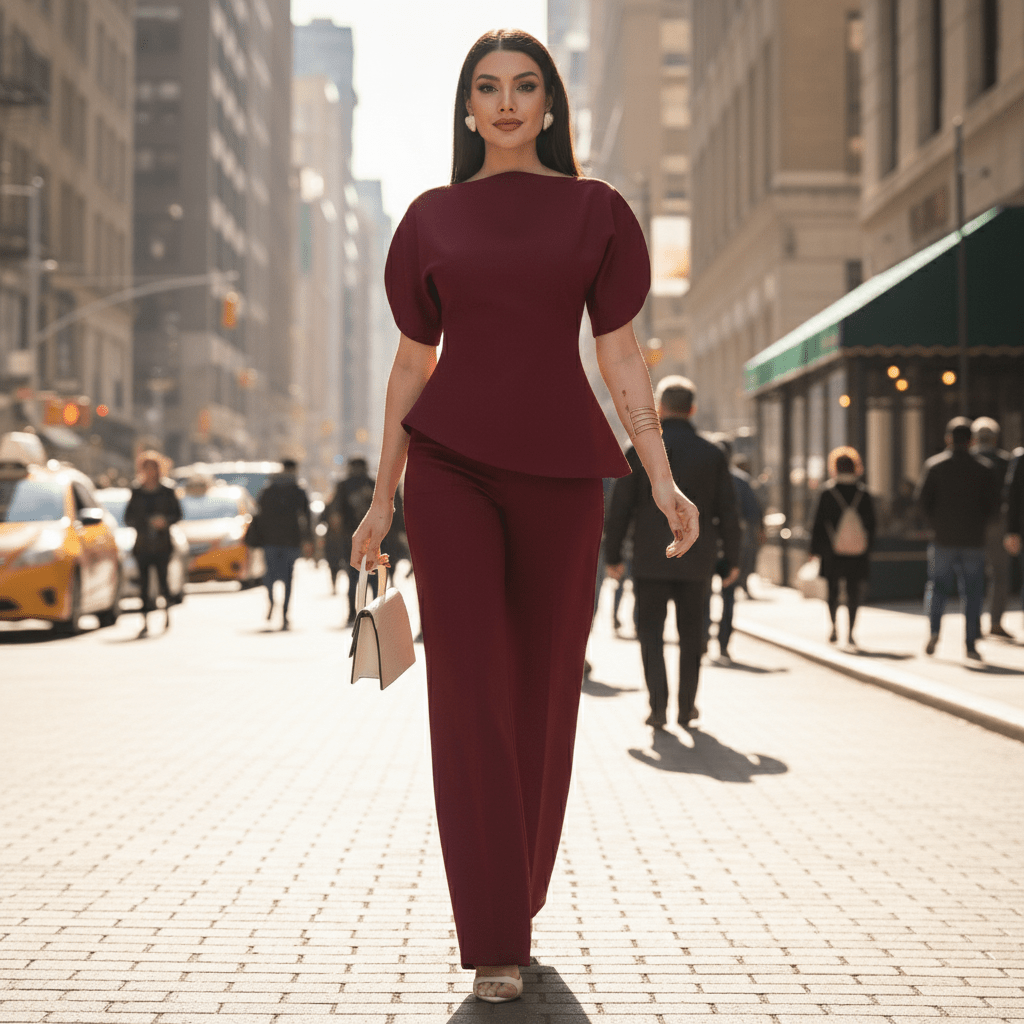 Elegantni Bordo Peplum Komplet s Hlačama – Ženska odjeća – S Bordo – slika 2