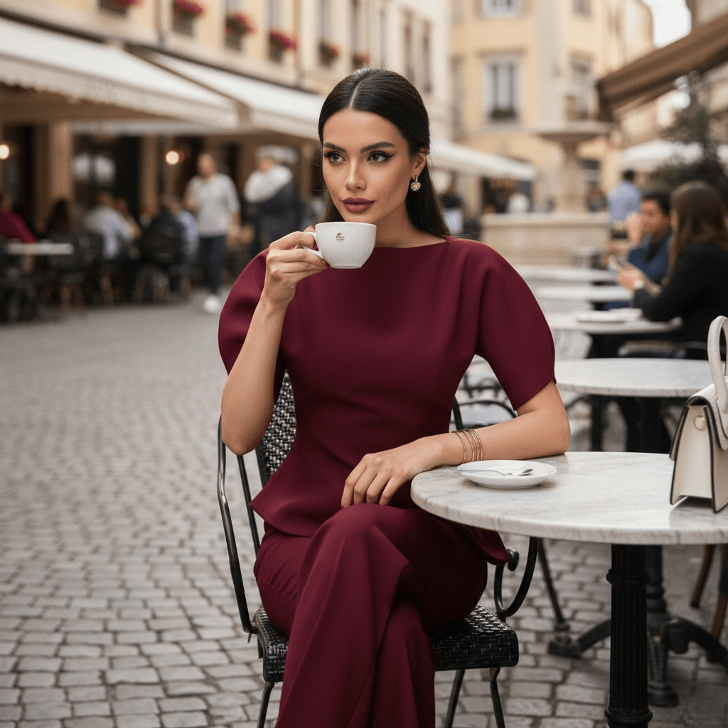 Elegantni Bordo Peplum Komplet s Hlačama – Ženska odjeća – S Bordo – slika 3