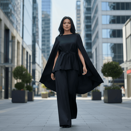 Elegantni Crni Trodijelni Set sa Pončo Rukavima – Ženska Odjeća – Univerzalna Crna – slika 1