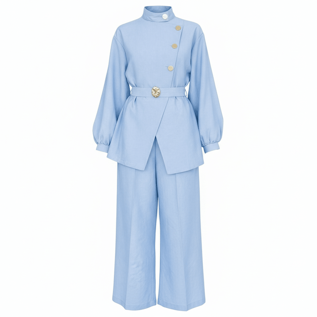 Elegantni Laneni Dvodijelni Komplet s Pojasom – Ženska odjeća - Kompleti – Univerzalna Svijetloplava – slika 6