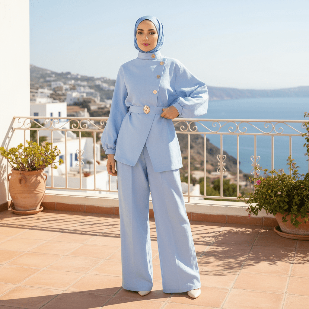 Elegantni Laneni Dvodijelni Komplet s Pojasom – Ženska odjeća - Kompleti – Univerzalna Svijetloplava – slika 1