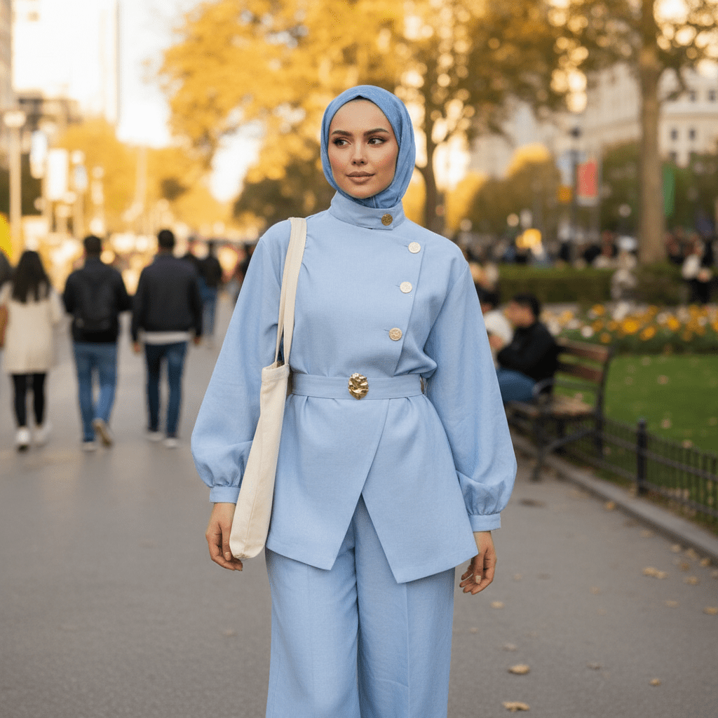 Elegantni Laneni Dvodijelni Komplet s Pojasom – Ženska odjeća - Kompleti – Univerzalna Svijetloplava – slika 3