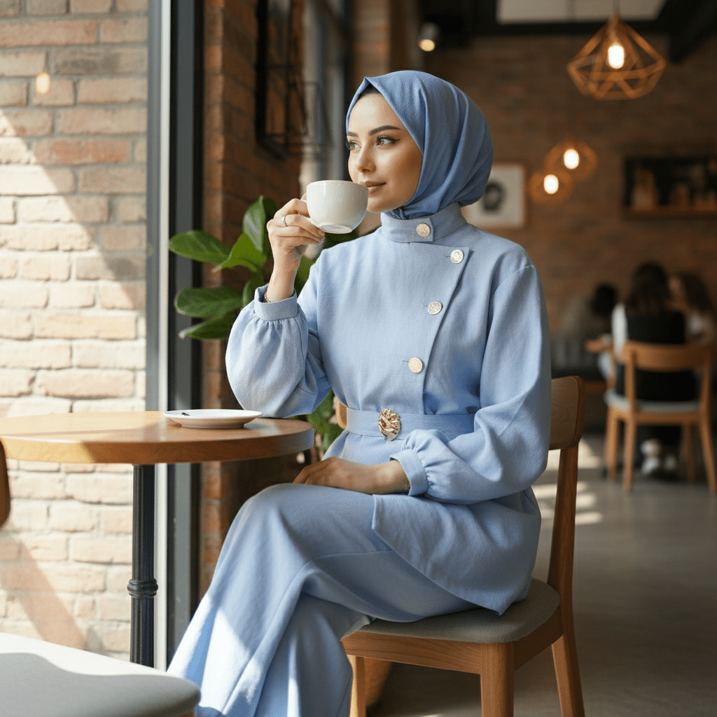 Elegantni Laneni Dvodijelni Komplet s Pojasom – Ženska odjeća - Kompleti – Univerzalna Svijetloplava – slika 2