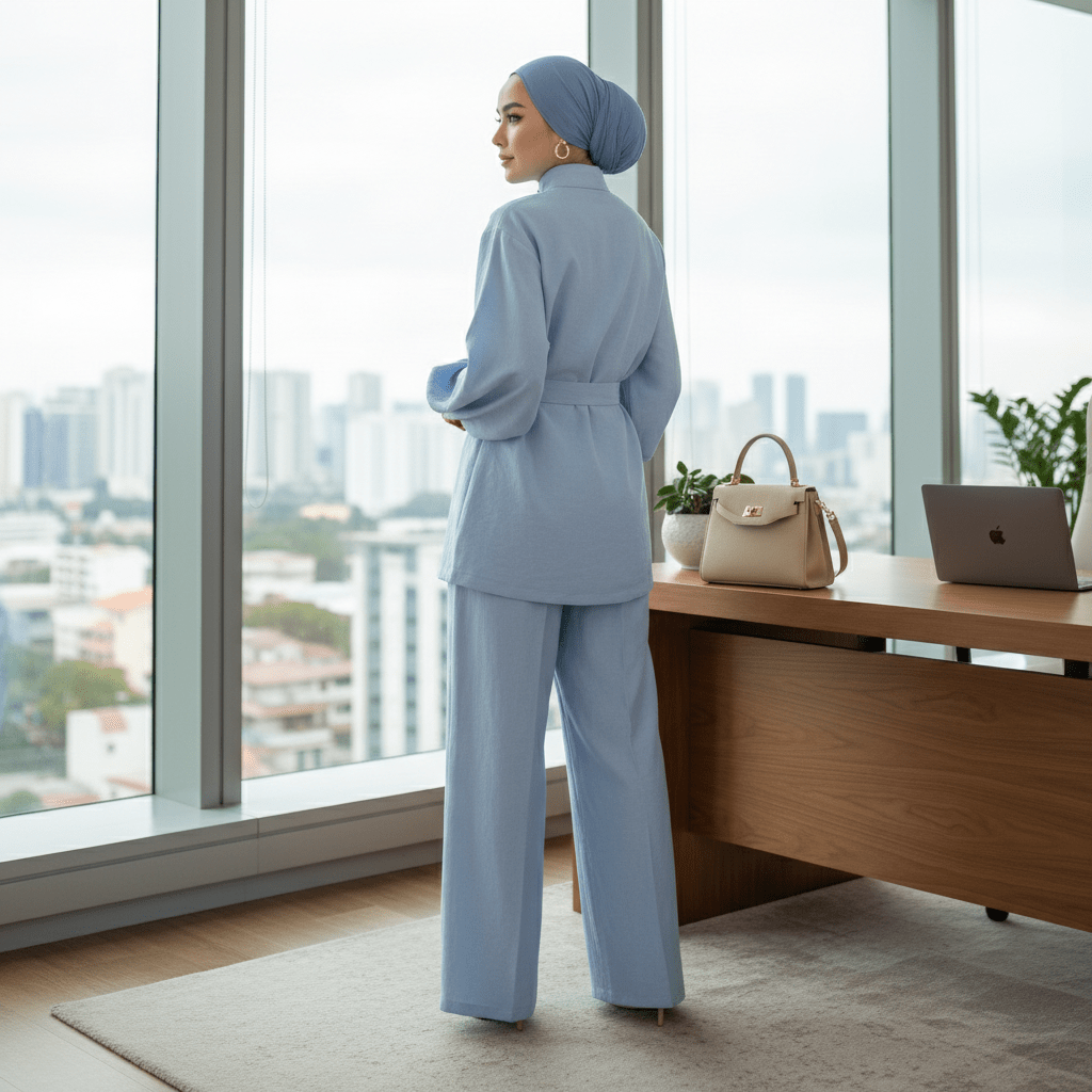 Elegantni Laneni Dvodijelni Komplet s Pojasom – Ženska odjeća - Kompleti – Univerzalna Svijetloplava – slika 5